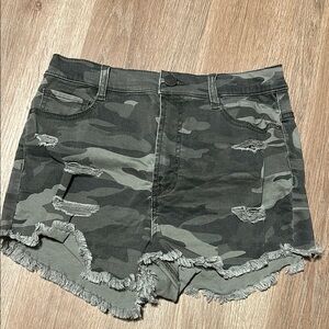 Refuge Green Jean Shorts Distressed Camouflage